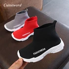 Детские носки, обувь на весну и осень, брендовые Детские кроссовки, повседневная спортивная обувь для мальчиков и девочек, вязаные однотонные туфли, черные, красные, на плоской подошве