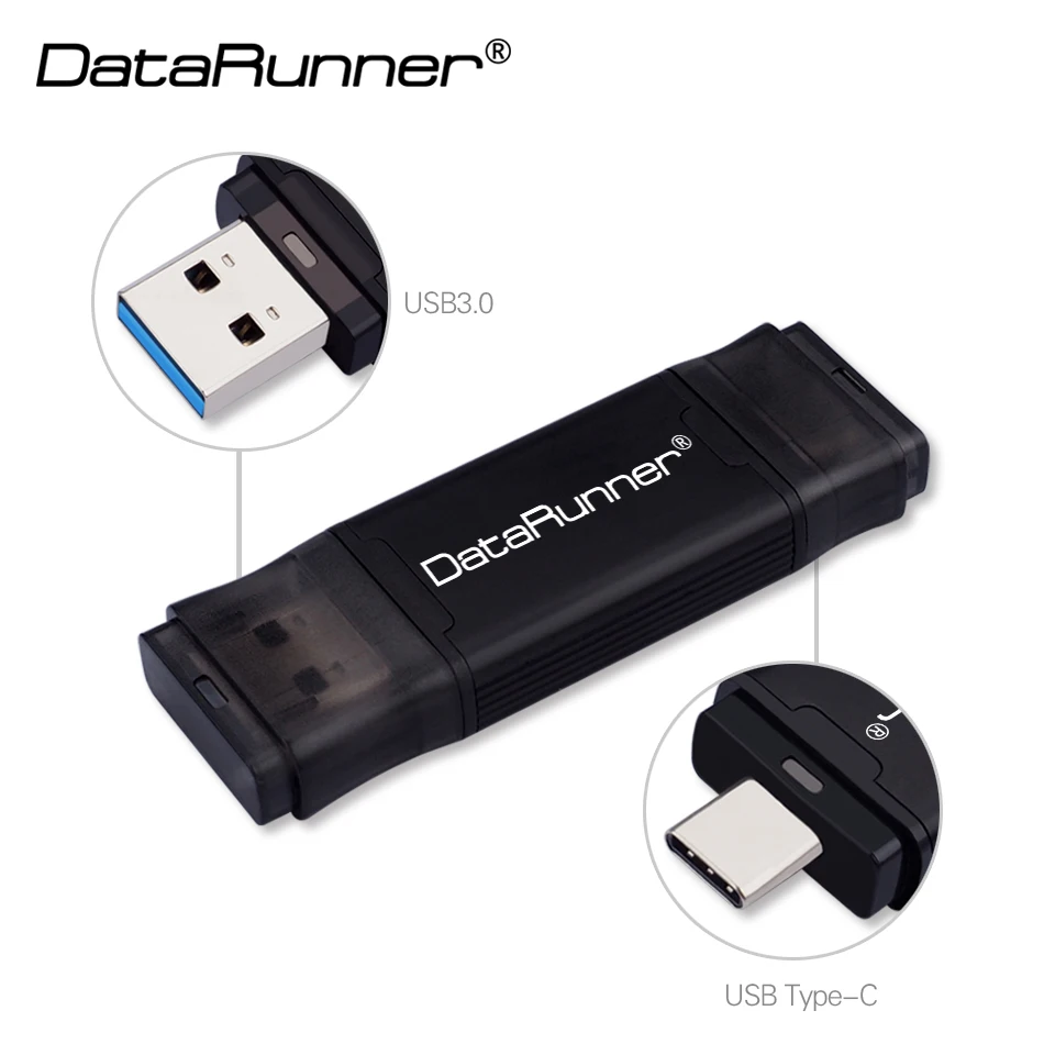 Черный USB флеш-накопитель DataRunner type C, USB флешка, 3,0, 512 ГБ, 256 ГБ, 128 ГБ, 64 ГБ, 32 ГБ, внешний накопитель, флешка для type-C/PC - Цвет: Черный