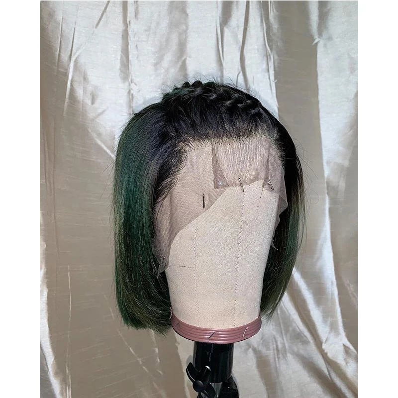 Шорт кат боб шелковые прямые парики из человеческих волос 1B зеленого цвета 13x6 парик с кружевной линией на передней части головы для чернокожих женщин с выщипанными волосами для детей.