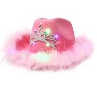 luminous tiara cowgirl hat western style cowboy hat pink womens fashion party cap warped wide brim with sequin decoration