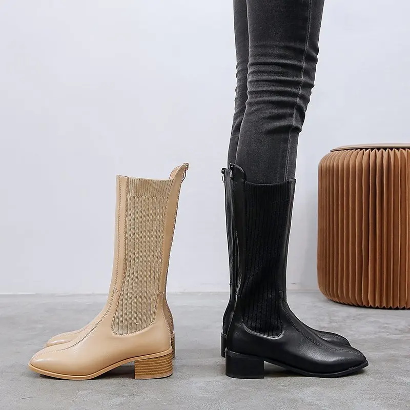 

Женские сапоги до колена, модная обувь, удобные зимние сапоги на среднем каблуке, высокие сапоги, женская обувь, кожаные сапоги, женские черн...