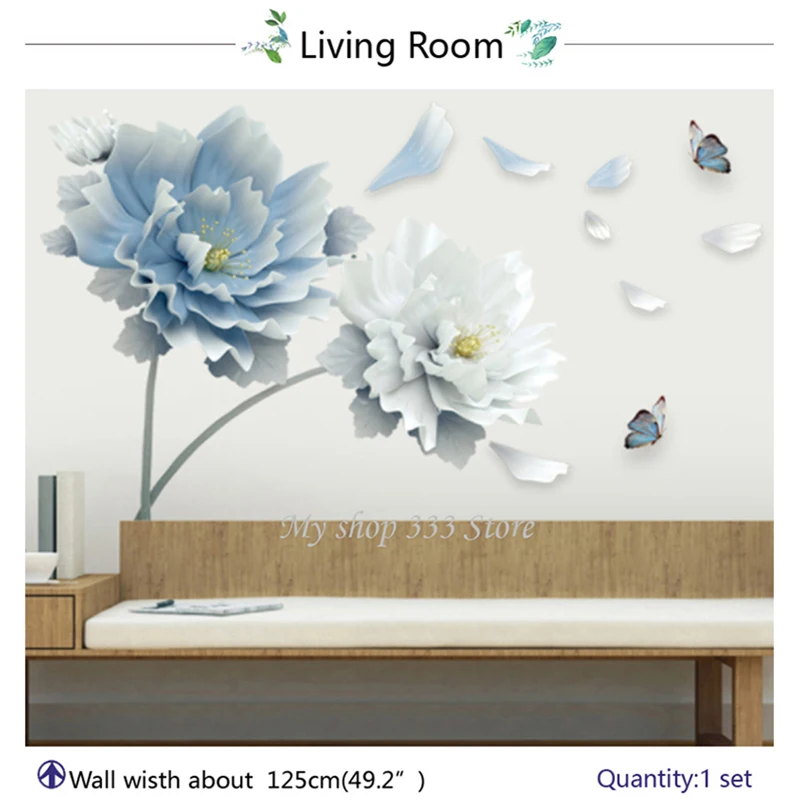 Large White Blue Flower Lotus Butterfly Removable Wall Stickers 3D Art Decals decoration wallpaper cute room decor