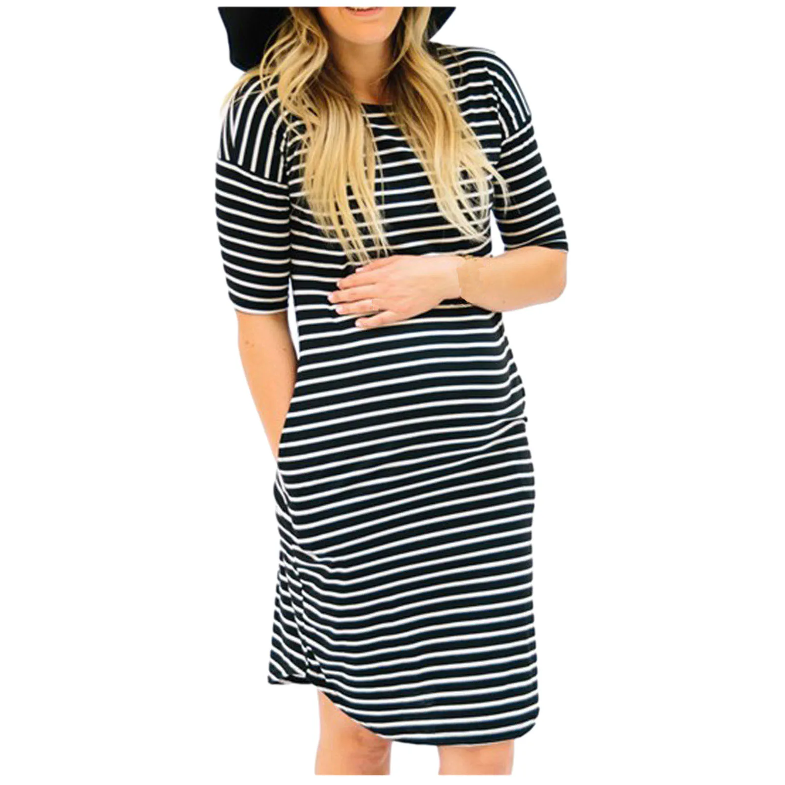 

Pregnant Dress Summer Fashion Ladiess Pregnants O-Neck Stripe Short Sleeve Nursing Maternity Dress Ladies Casual Dresses