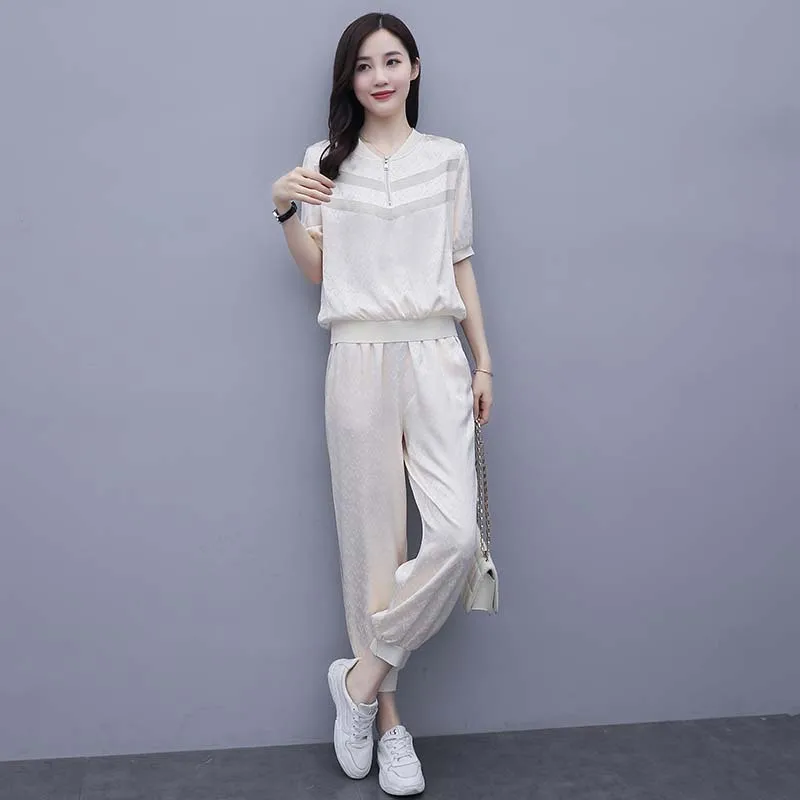 

Temperament Sports Sets Summer New Comfortable Fabric Zipper Trousers 2Piece Suit Women Clothes