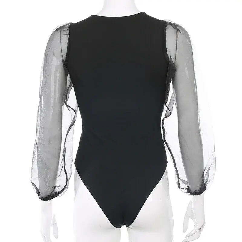 

Goocheer Sexy Black Bodysuits Womens Long Sleeve Bodysuit Leotard Mesh Lace Up Jumpsuit Romper Tops Ladies Summer Clothes