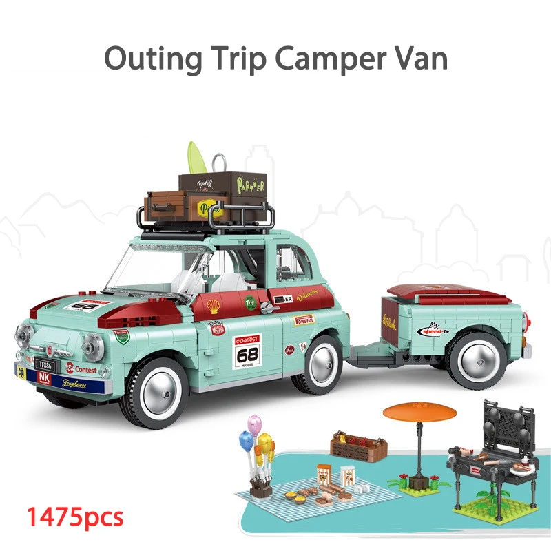 

Creativity Outing Trip Camper Van 1475pcs Summer Vacation Picnic Camping Car Model Building Blocks Vehicle Toys Children's Gift