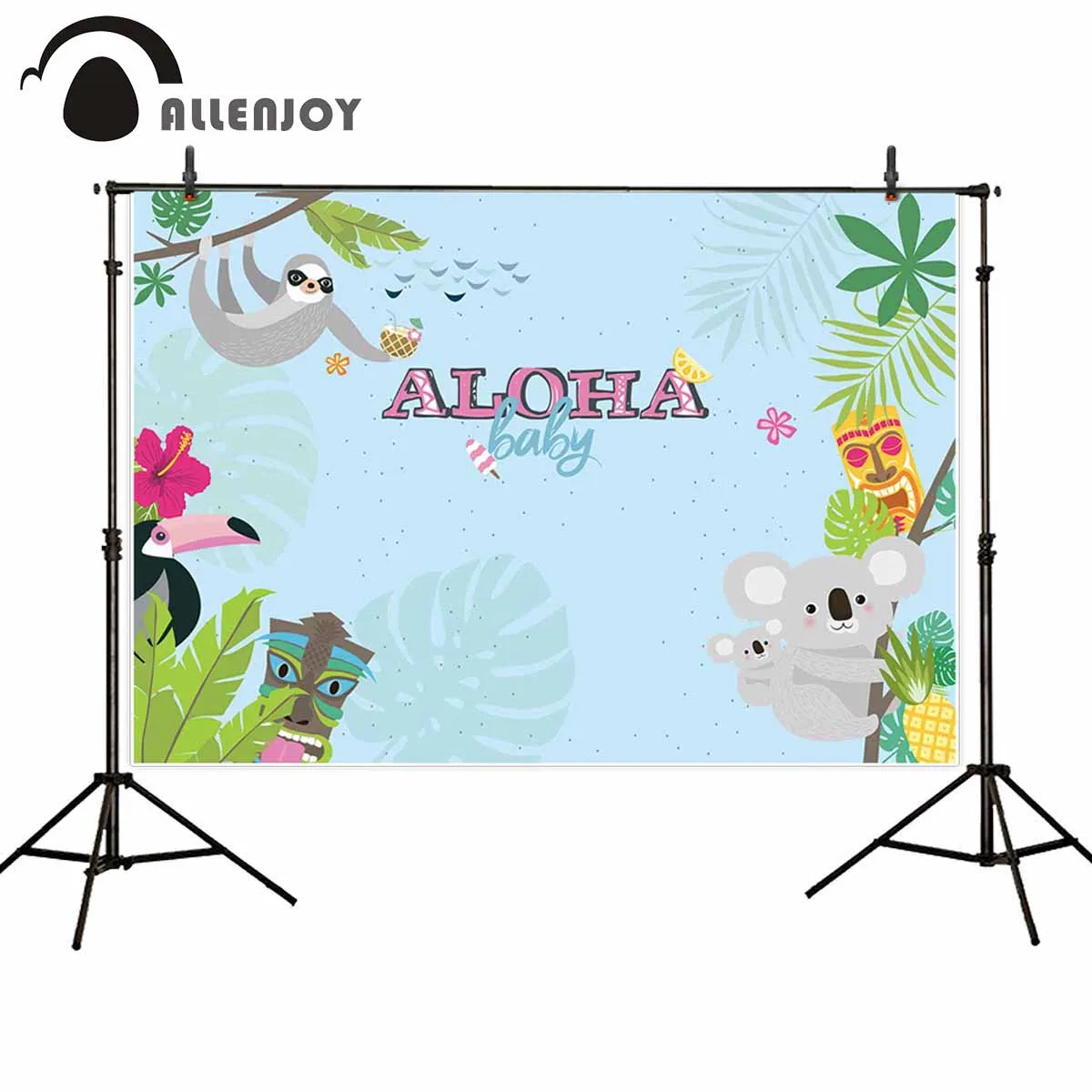 

Allenjoy Baby Birthday Banner Jungle Leaves Tree Monkey Kangaroo Mexico Festival Blue Backdrops Provence Party Background Cloth