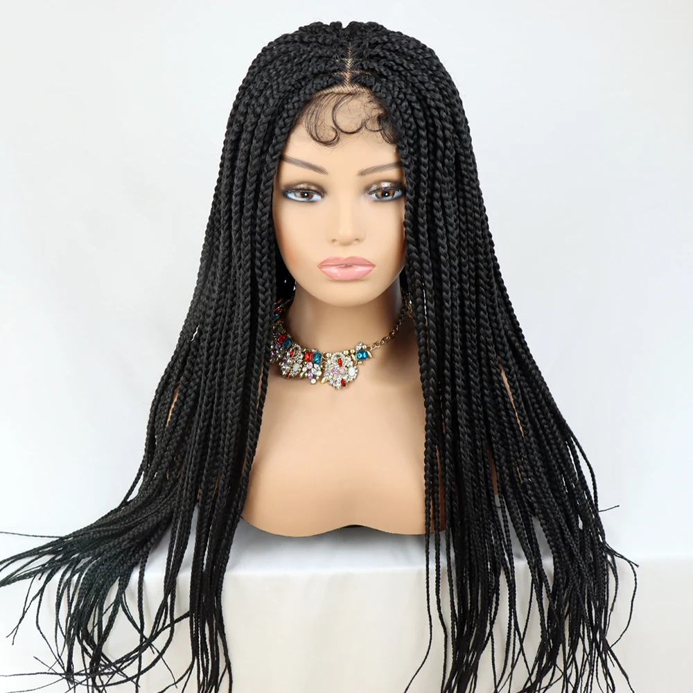 Long Black Color Braided Wigs 30 inch Synthetic Lace Front Wigs for Black Women Curly Bangs Natural Hairline Hd Lace Frontal Wig