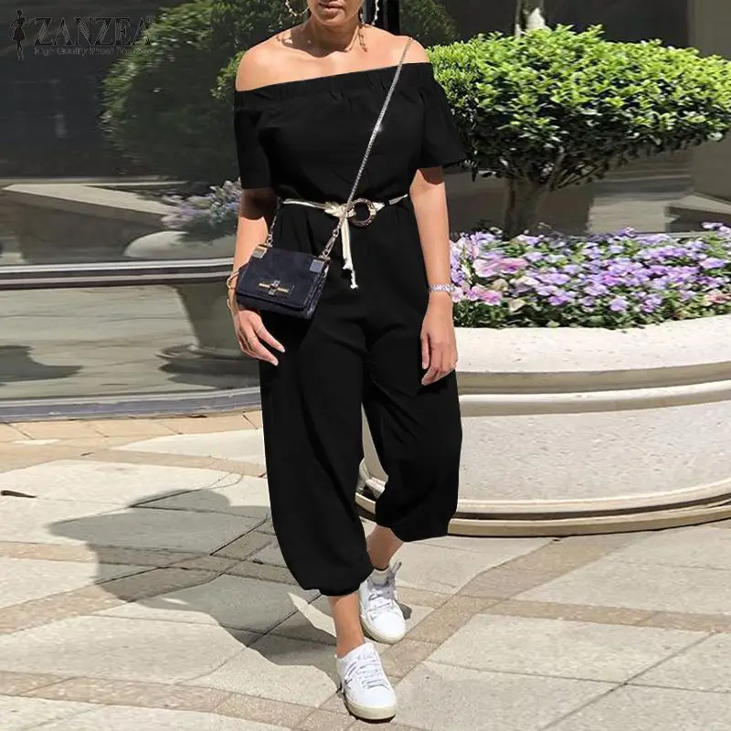 

2021 ZANZEA Модные женские повседневные Комбинезоны с открытыми плечами женские летние комбинезоны с коротким рукавом Уличная одежда однотонны...