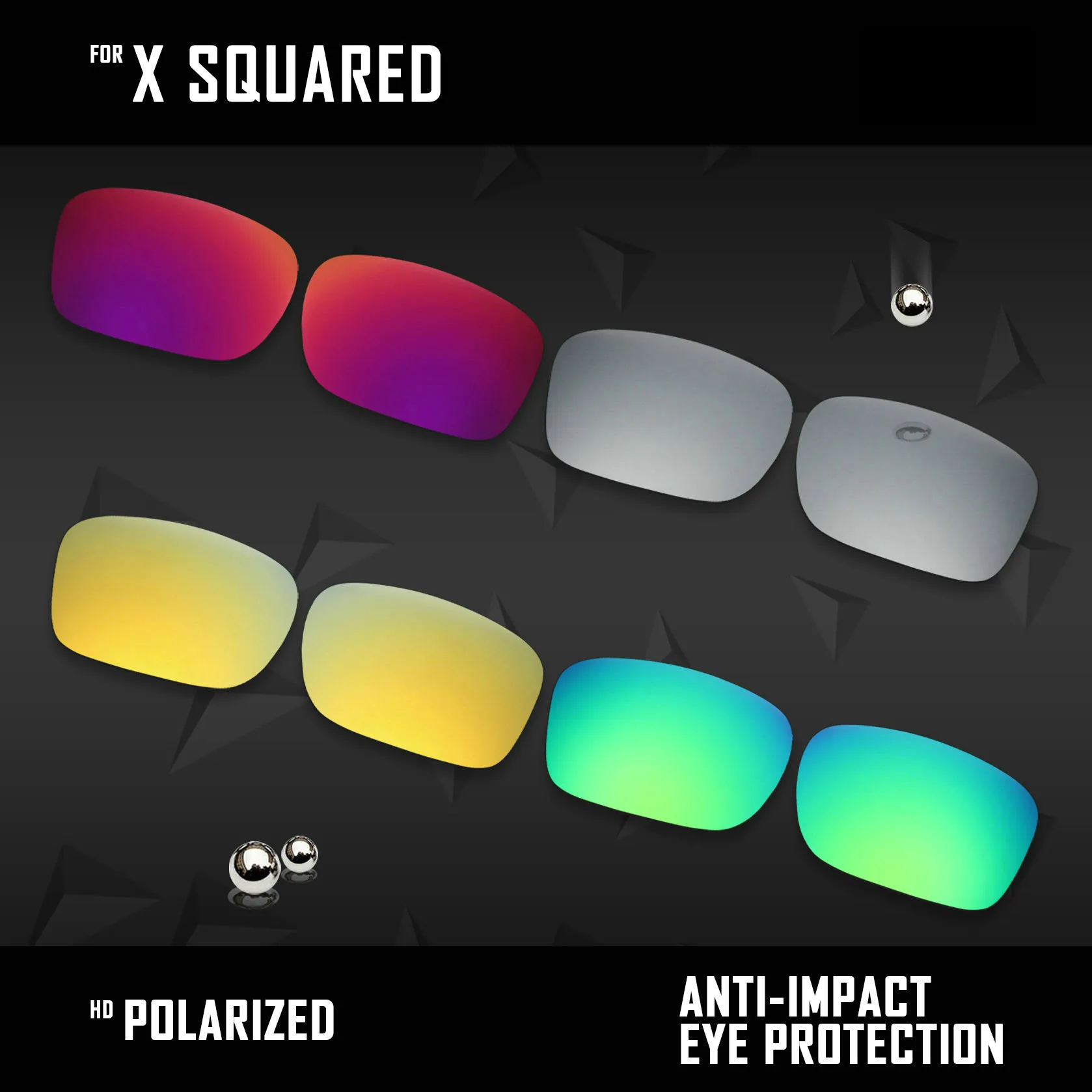 OOWLIT 4 Pairs Polarized Sunglasses Replacement Lenses for Oakley X Squared OO6011-Silver & Midnight sun & Gold & Green