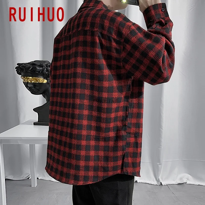 RUIHUO на каждый день в красно черную клетку рубашки для мужчин Slim Fit хлопковые