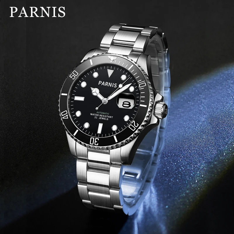 

Мужские автоматические механические часы Parnis, черные часы 40 мм с календарем, ремешком из нержавеющей стали, Miyota 8215, мужские часы Move t, подарок...