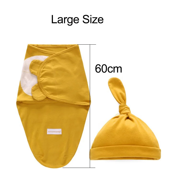 Yellow-L Комплект из 2 предметов, пеленка для новорожденных+ шапочка, Хлопковое одеяло, постельные принадлежности, милый спальный мешок для младенцев 0-6 месяцев - Цвет: Yellow-L