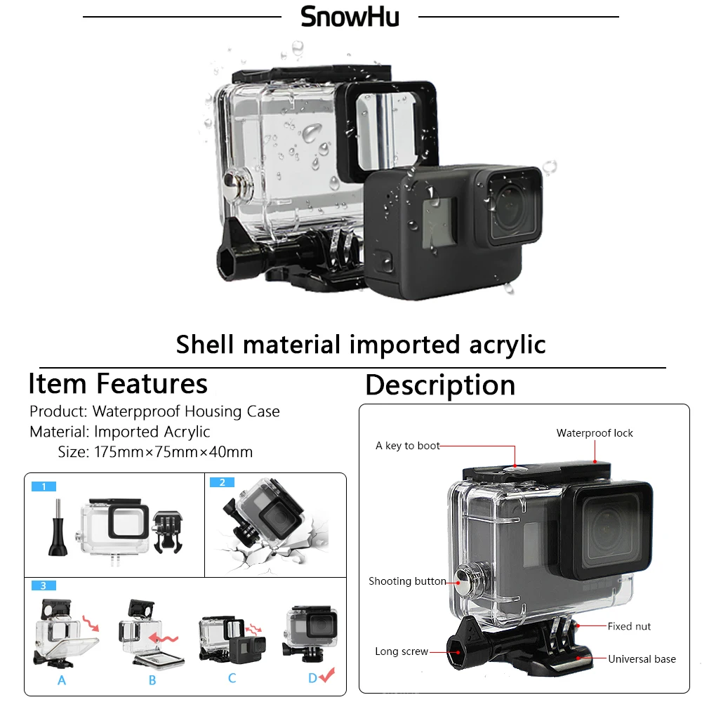 Купить Комплект аксессуаров Snowhu для Gopro 7 6 5, Противоударная Водонепроницаемая рамка, защитный чехол для Gopro Hero 7 6 5, Спортивная камера GS49