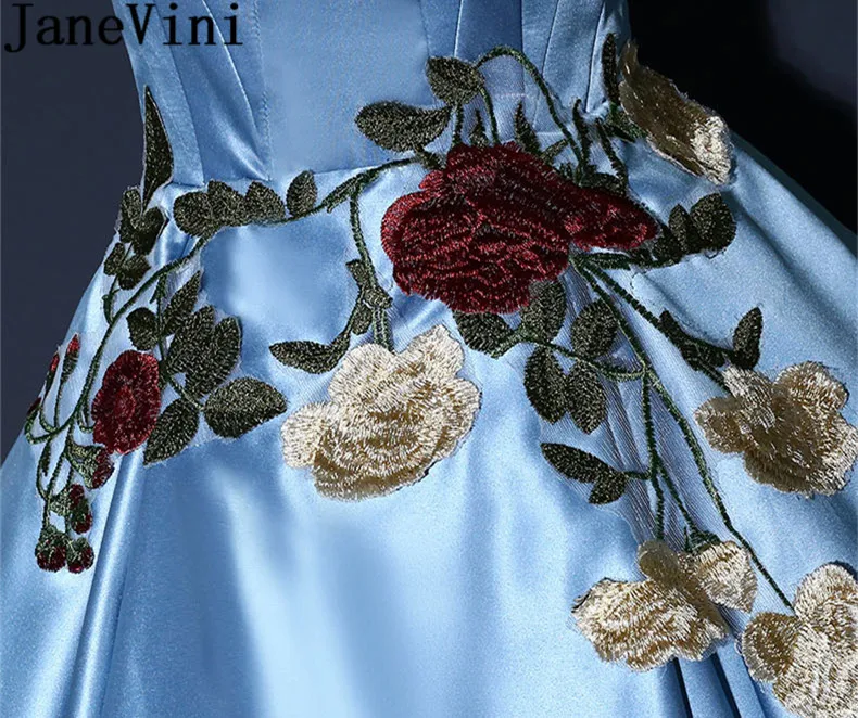 

JaneVini Blue Embroidery Appliques Quinceanera Dresses Long Sexy Spaghetti Straps Girls Sweet 15 16 Dress Masquerade Ball Gowns