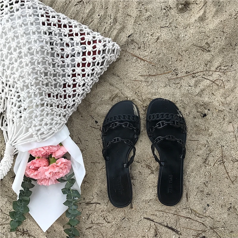 Шлепанцы женские пляжные из ПВХ сланцы без застежки плоская подошва тапочки-желе