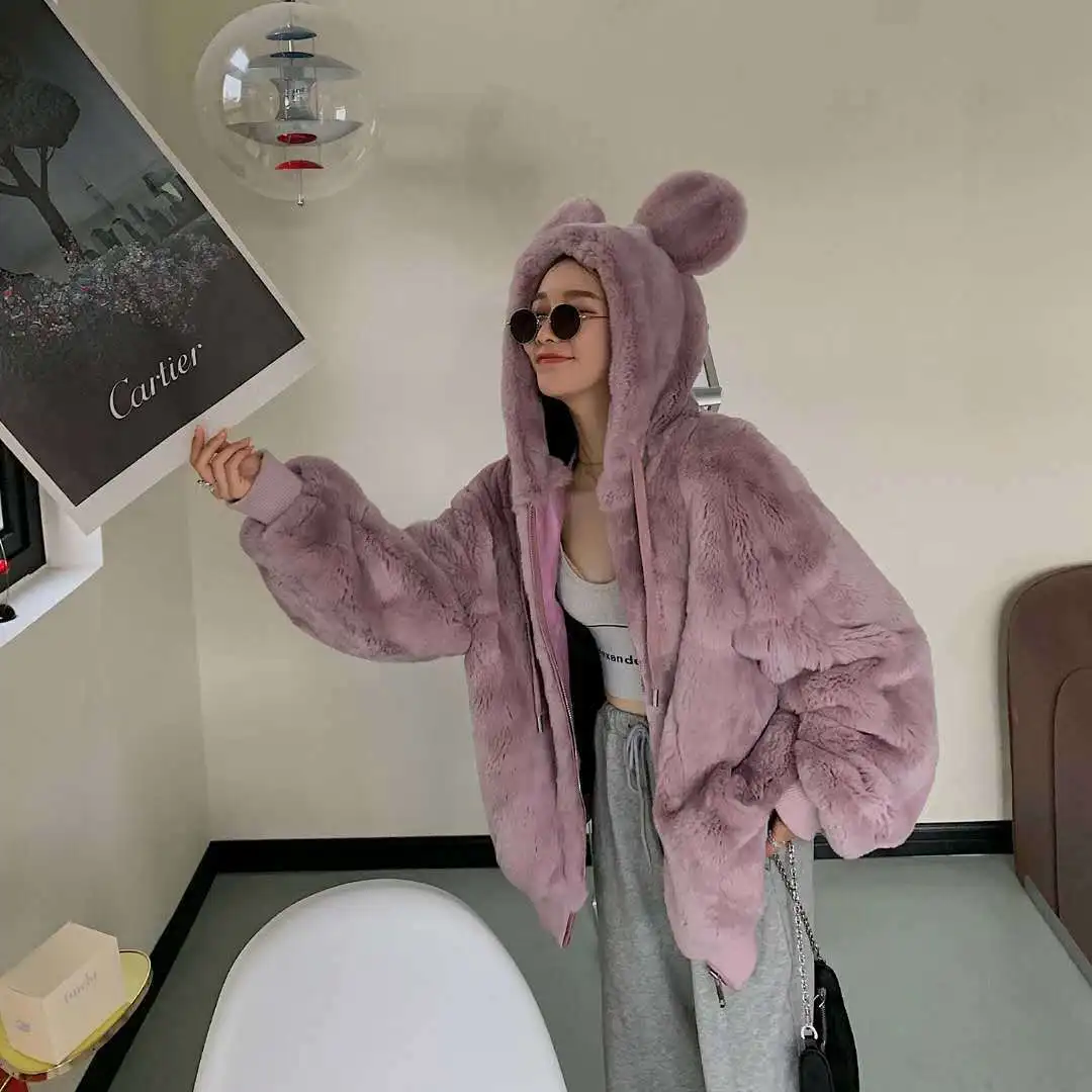 

Luck A Warm Fur Coat In Winter Lovely Girl Leopard Print Fur Coat Rabbit Ears Vintage Warm Hooded Faux Fur Coats Thick Outwears
