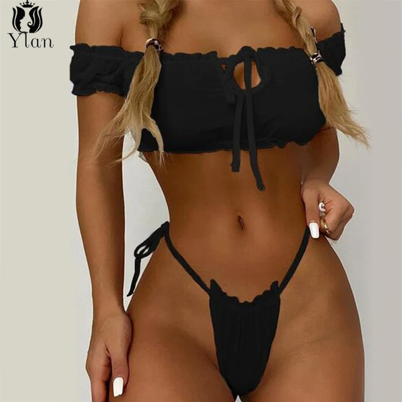2Pcs Women Lingerie Set Sexy Sheer Off-Shoulder Bra Mesh Crop Top Tie-Waist Thong Panty Strapless Bikini Underwear Set For Date