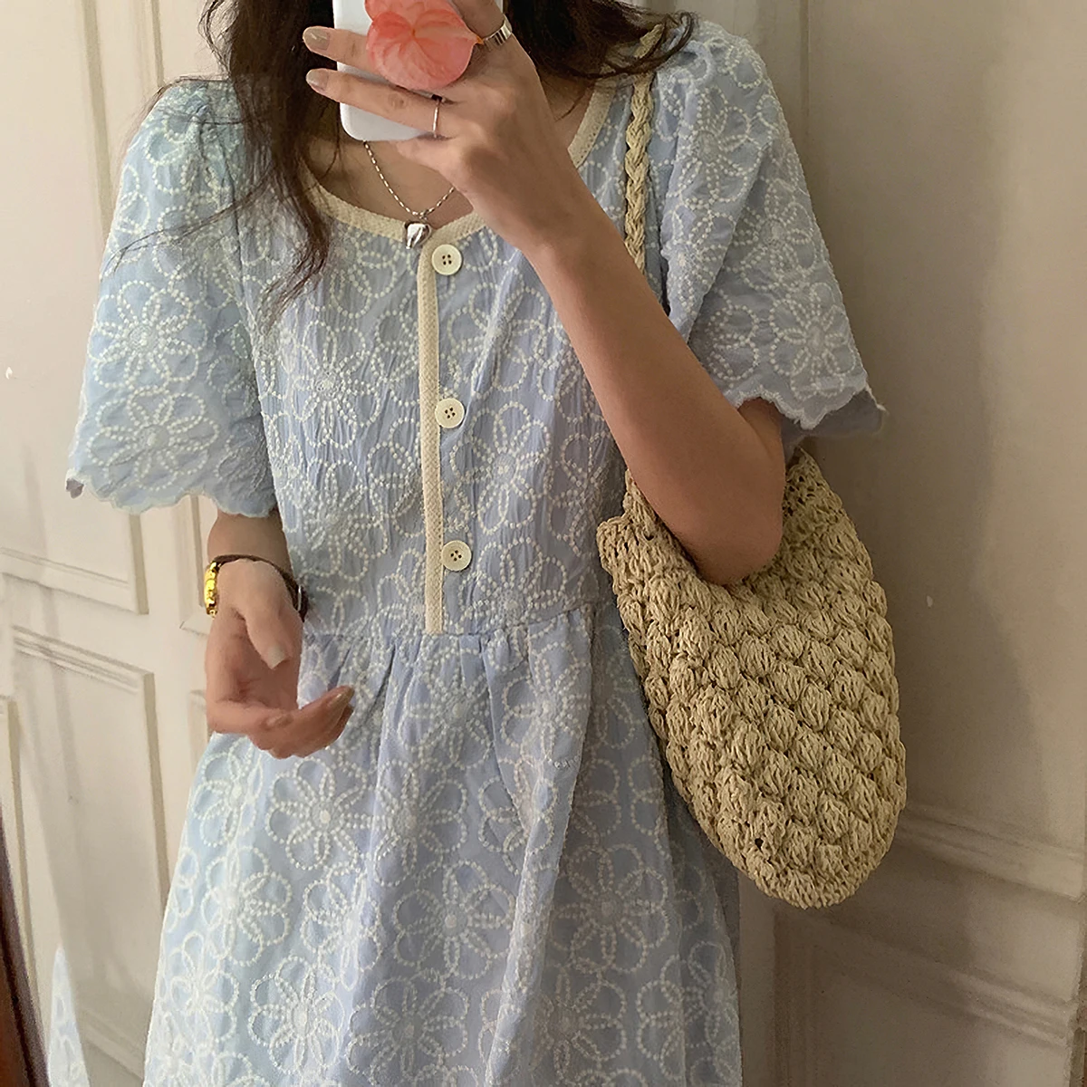 

Jyate 2021 Vintage French Women's Dresses Floral Embroidered Single-Breasted Ruffle Sleeve Midi Dress Sweet Loose Vestidos