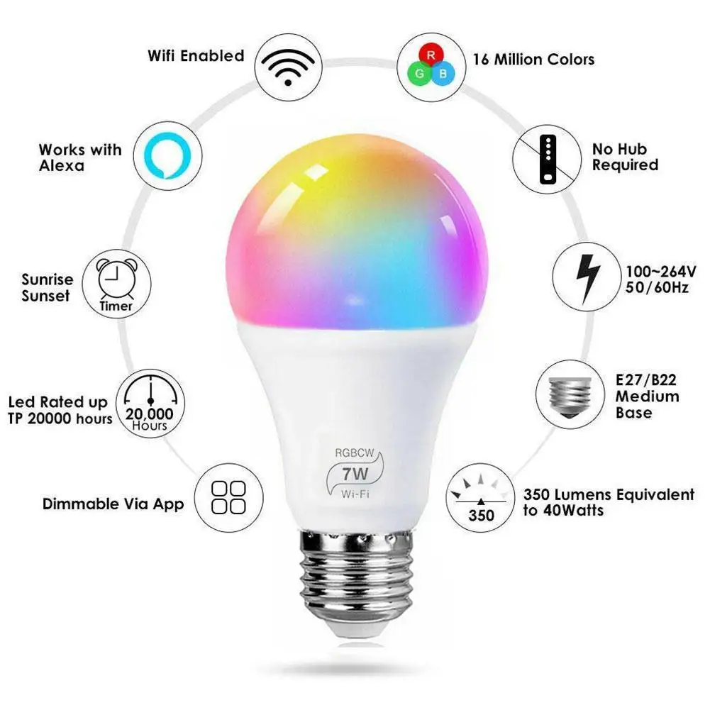 

Led Wifi Smart Light Bulb Dimmable Rgbw Lamp E27 B22 for Alexa Google Home 7W Five-Way Factory Smart Wifi Bulb
