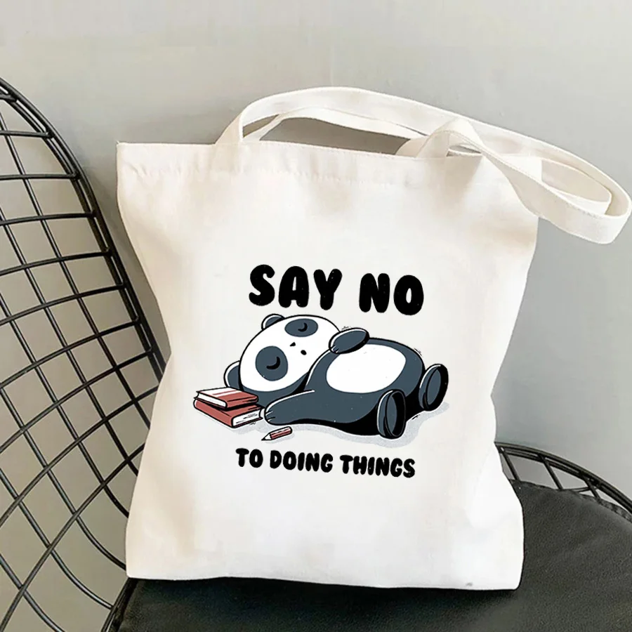 

Say No To Doing Things Panda Women New Canvas Tote Shopping Bag With Zip Large Cotton Ladies Hand Bags Black Shoulder Bags Gift