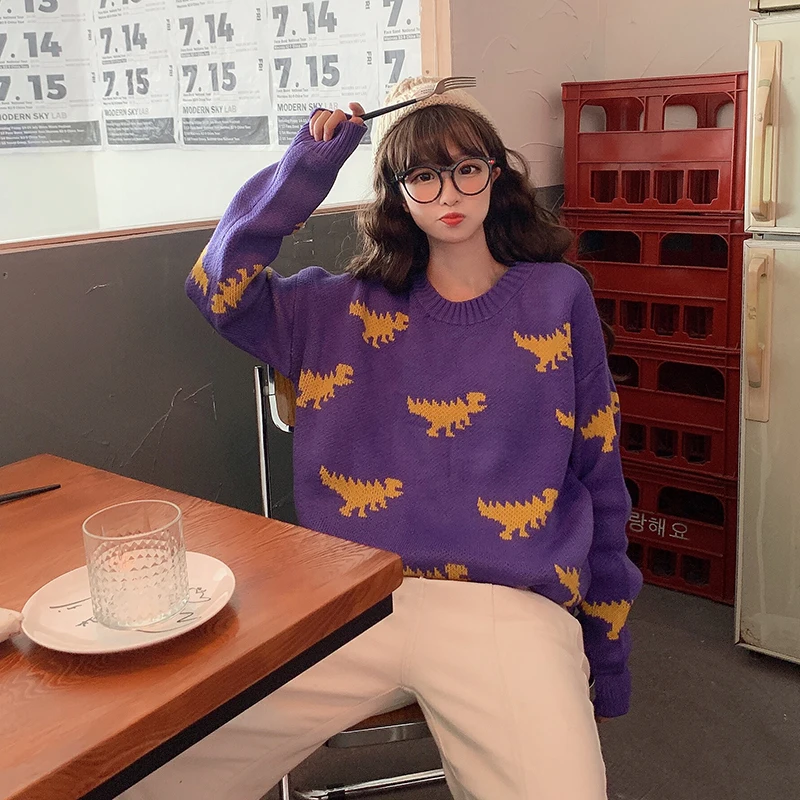 Женский пуловер с милым динозавром черного и фиолетового цвета свитер 2020 женский