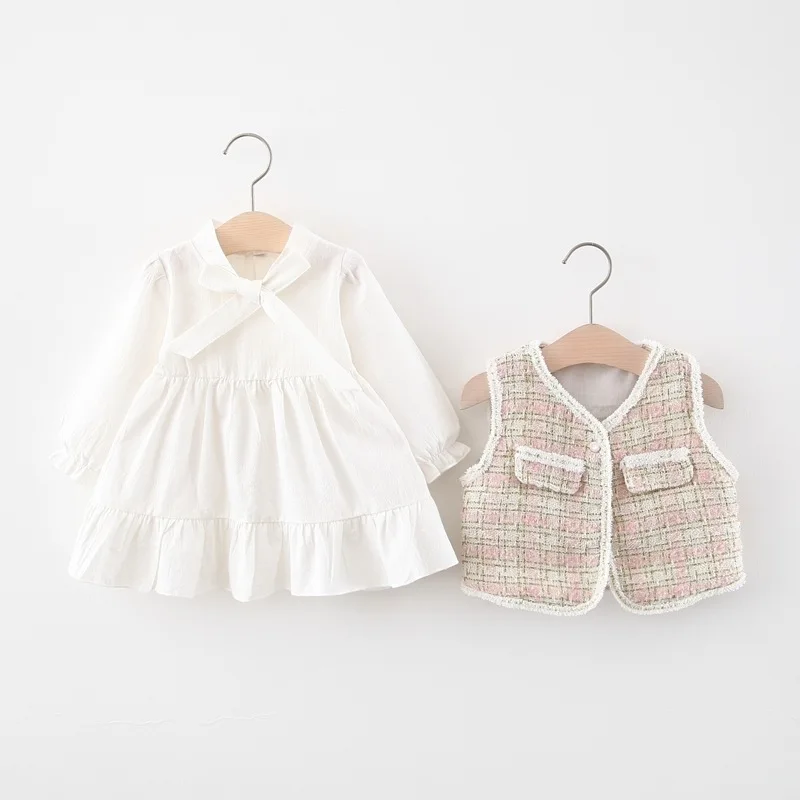 2pcs Girls Dresses Fall 2020 Long Sleeve Kids Clothing with Vest Fashion Princess Baby Children Outfits 6M-3T | Детская одежда и