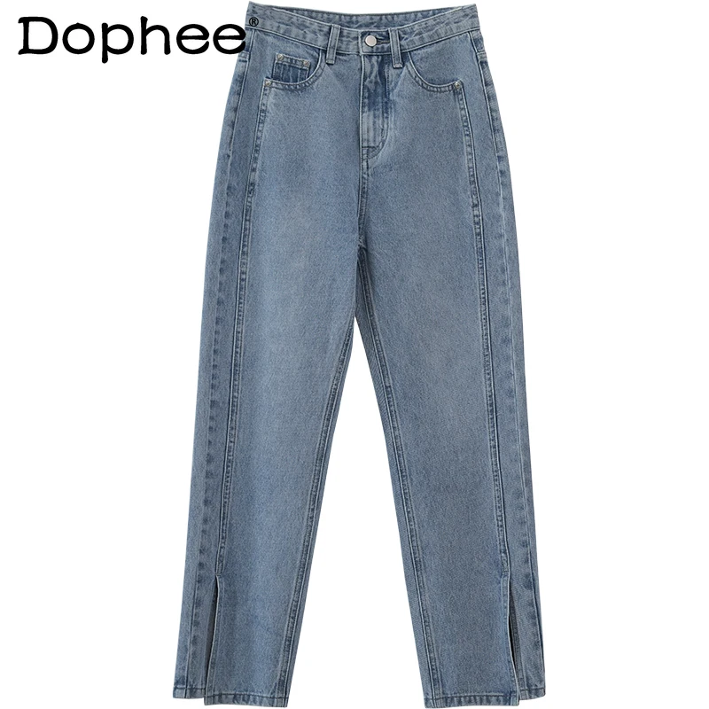 

High Waist Hem Slit Jeans Light Color Straight-Leg Trousers for Women Solid Colur Simple Denim Pants Elegant All-match Trousers