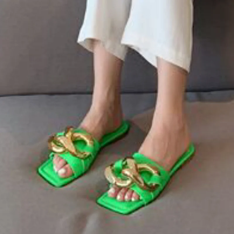 

2021 г. Новые модные летние леопардовые туфли на плоской подошве, с цепочкой, с квадратным носком, женские шлепанцы с открытым носком, JXQ