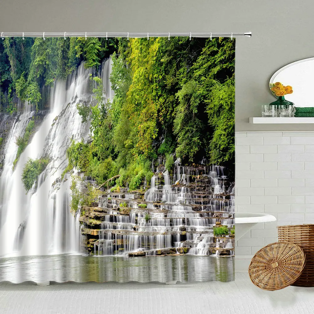 

Forest Park Scenery Shower Curtain Waterfall Lake Green Plant Trees Spring Natural Scenery Bathroom Waterproof Screen With Hooks