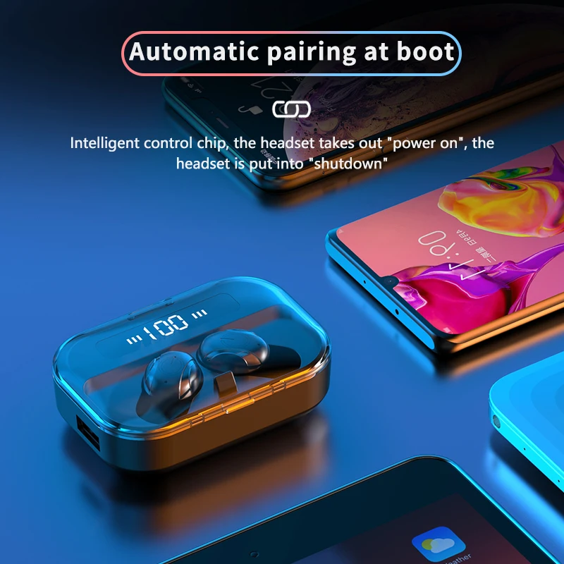 Ture Беспроводные стерео Bluetooth наушники с микрофоном, дисплей питания, музыкальная кнопка управления, Bluetooth наушники-вкладыши для смартфона