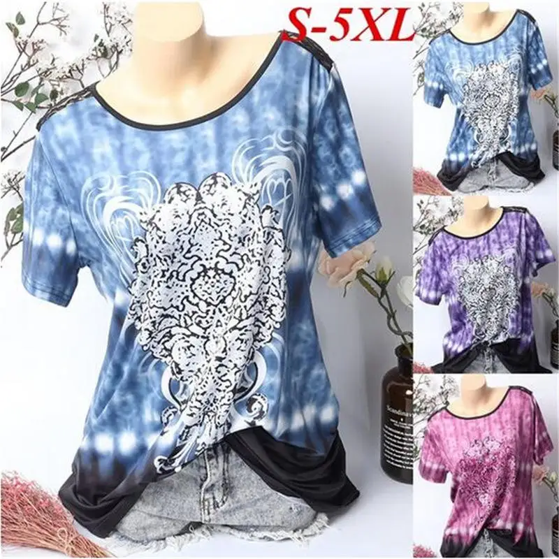 Женская Свободная блузка с принтом короткими рукавами и круглым - Цена: 