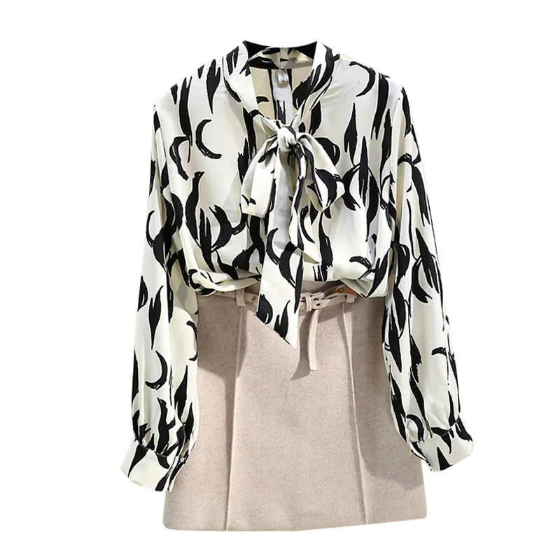 

Women's Spring and Autumn Blouse Retro Bows Hit Color Printing Long-sleeved Shirt New Chiffon Drape Loose Female Tops GX312