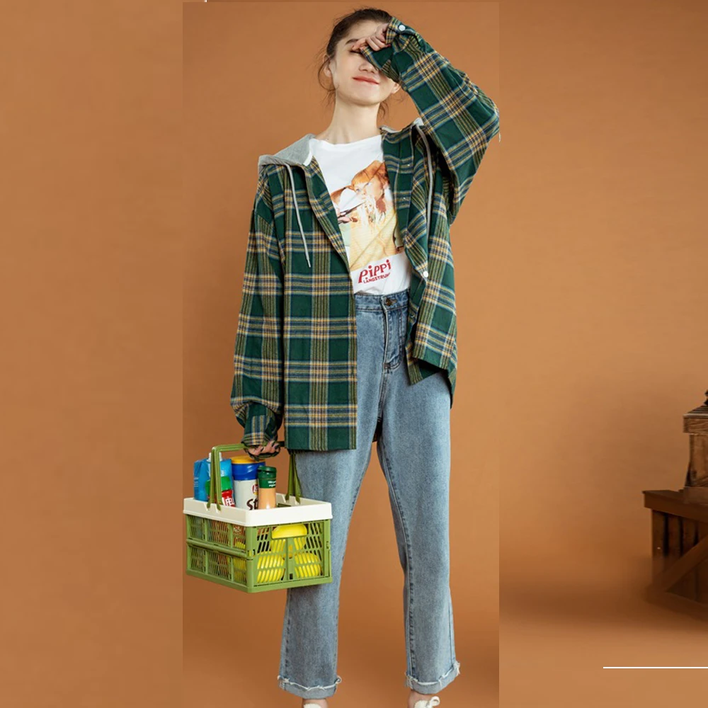 

2020 Spring Autumn Women Jacket Coat Oversize Crop Vintage Long Sleeve Short Jacket Casual Plaid Loose Coat Fashion Button