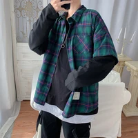 autumn new fake two piece shirt korean version of loose long sleeved handsome ins plaid all match casual shirt mens jacket