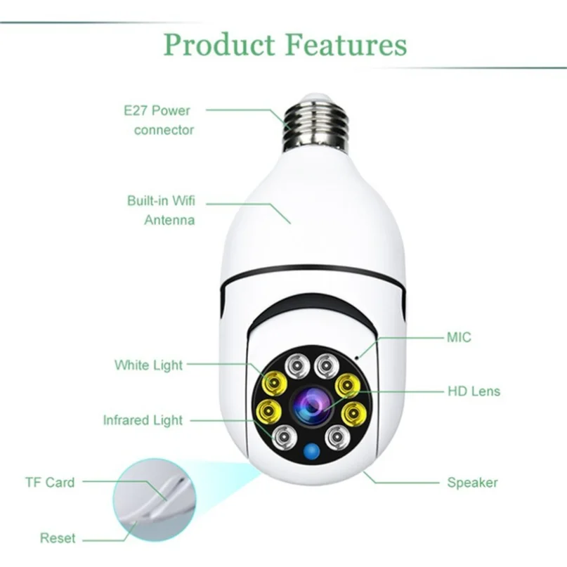 E27 200W Bulb Surveillance Camera Night Vision Full Color Automatic Human Tracking Zoom Indoor Security Monitor Wifi | Безопасность и
