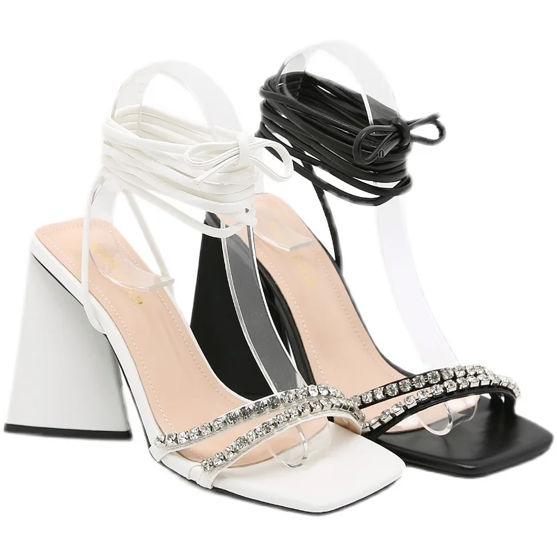 

2022 Summer New Design Ankle Strap Sandals Women Square Toe Crystal Rhinestones Lace-Up Strange Style Heel zapatillas mujer
