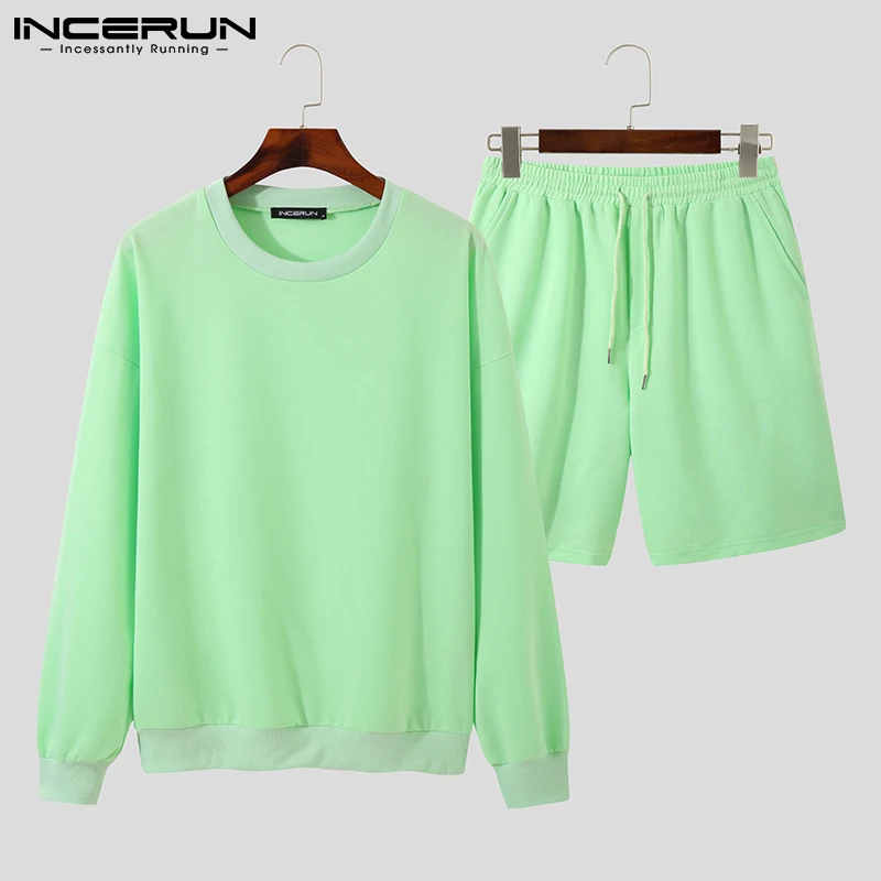 

Stylish New Men's Long Sleeve Shirts Pullovers Short Pants Loose Round neck Leisure Streetwear Fashion Clothes Set 2021 INCERUN
