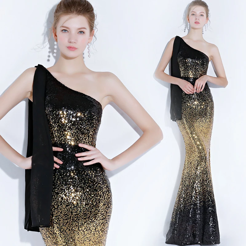 

Evening Dresses New Gradient Sequins One Shoulder Tight Mermaid Floor-length Zipper Back Plus size Women Formal Party Dress C024
