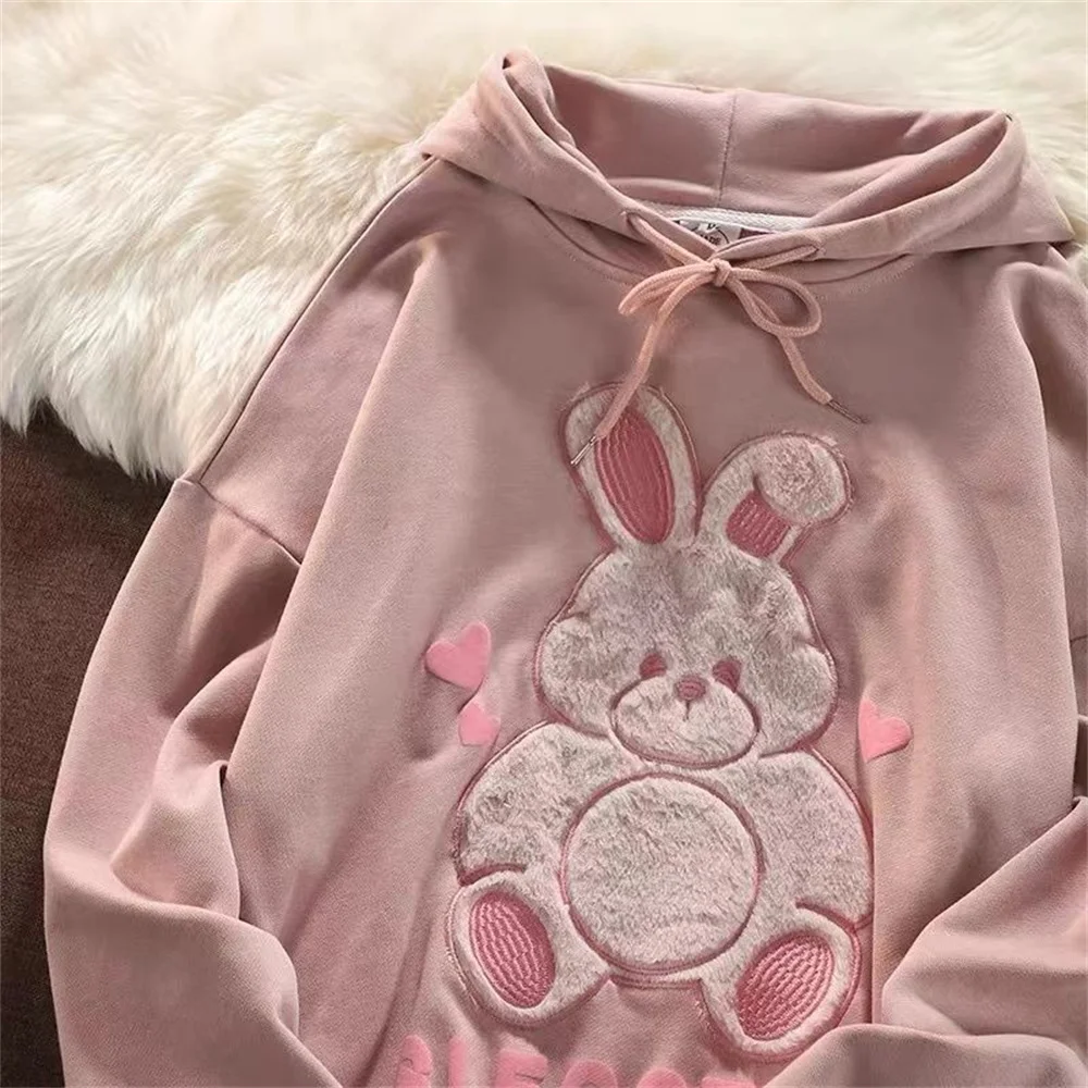 

Pinnk Rabbit Paste Cloth Female Hoodie Sweatshirt Autumn Harajuku Women Loose Kawaii Winter Top High Street Casual Hoodies Coat