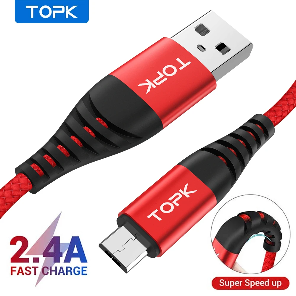 Кабель TOPK Micro USB для быстрой зарядки 2.4A телефонов Android нейлоновый 0.15 2 м|Кабели