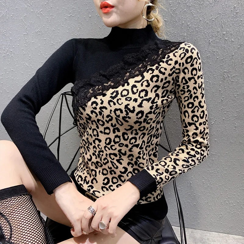 Long Sleeve Leopard Knit Sweater Women Autumn Winter Fashion Ol Lace Patchwork Turtleneck Pullover Tops Ladies Sweaters 2019 | Женская