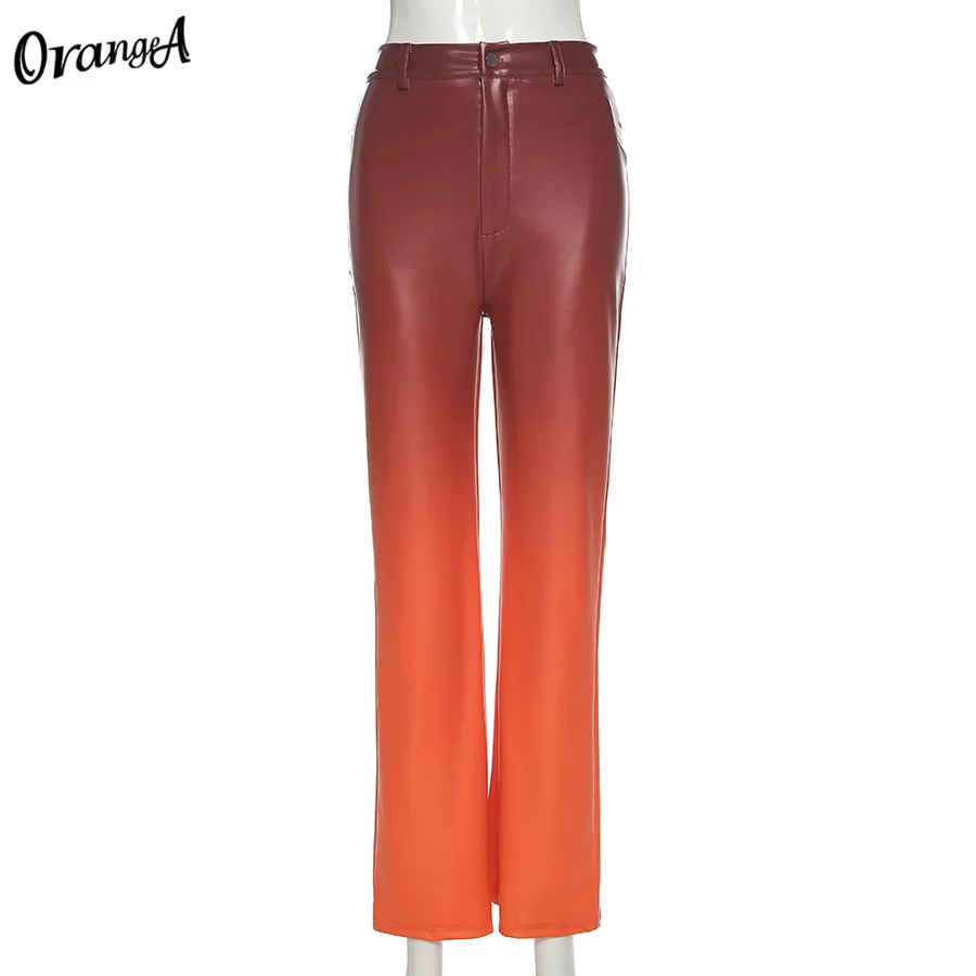 

OrangeA Women Gradient Colorful Y2K Faux Leather Pants Straight Vintage Office Lady Slim 2021 Spring Fashion Streetwear Trousers