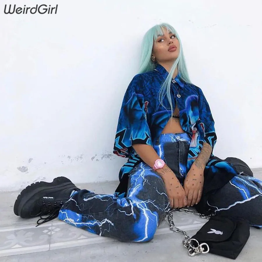 Weirdgirl/Женские повседневные брюки с принтом молнии; модные уличные брюки-карго с высокой талией; женские длинные брюки; осень