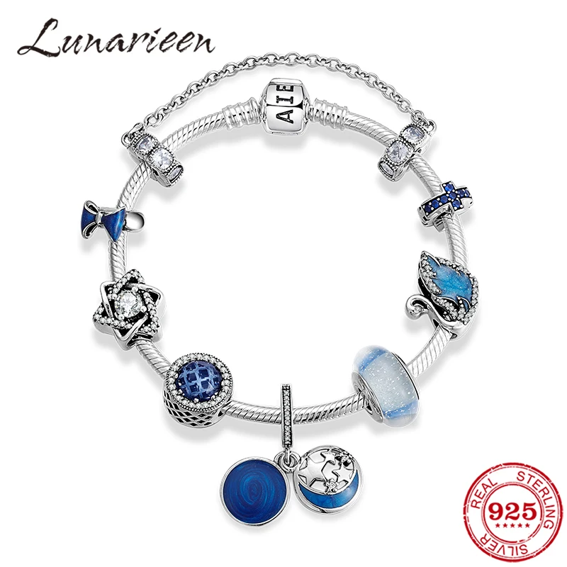 

2021 Fashion 925 Sterling Silver Romantic Blue Enamel CZ Bow Beads Charm Chain Bracelet Bangle For Women 925 Silver Jewelry Gift