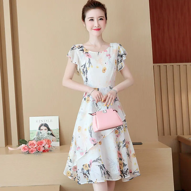 

Chiffon vestidos ladies large size slim version loose fashion lotus leaf sleeve printed mid-length super fairy sweet dress D286