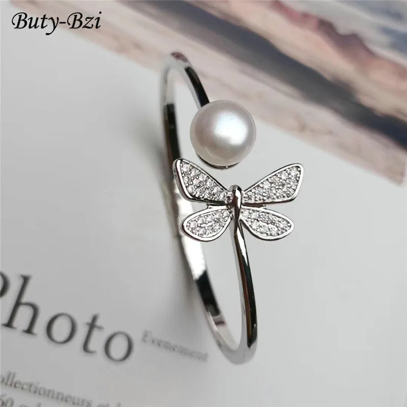 

Beautiful Butterfly Shape Bangle Pave Zircon Luxury Jewelry Natural White Pearl Round Beads Super Anti-fading Plated Bracelets