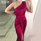 Сексуальные атласные вечерние платья JEHETH с одним открытым плечом и разрезом по бокам, ярко-розовые плиссированные вечерние платья до пола, вечерние платья