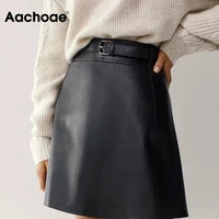 aachoae chic women black pu faux leather skirt with belt high waist ladies mini skirt female a line fashion skirts 2021