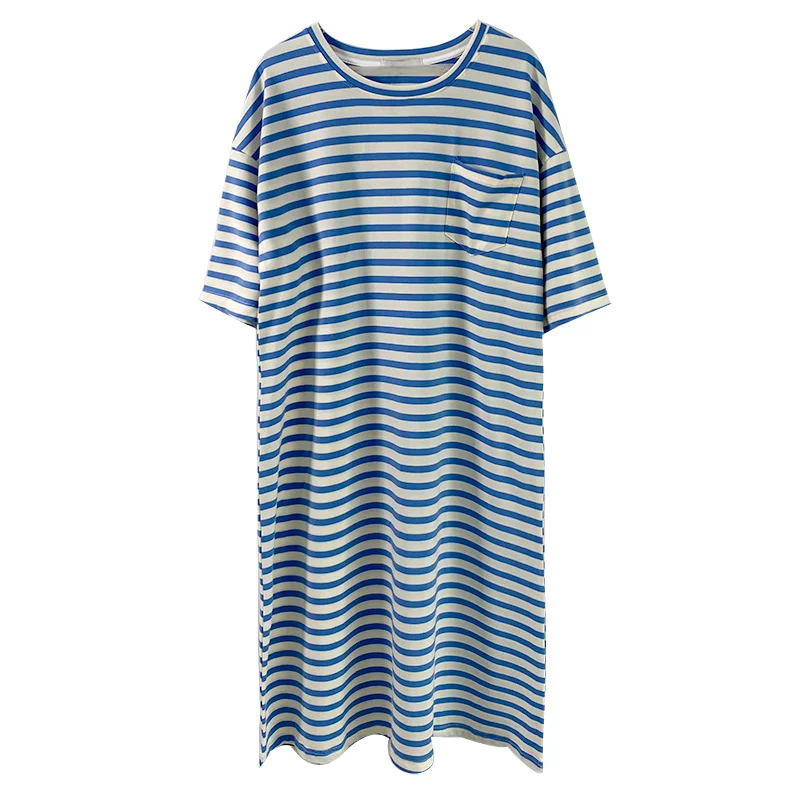 

Blue Stripe Loose Shoulder Long T-shirt Dresses 2021 Summer New Medium Sleeve Green Blue Gray Casual Dresses